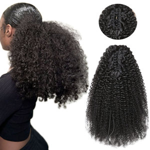 Couleur naturelle <span class=keywords><strong>Afro</strong></span> Kinky Curly Griffe Clip en queue <span class=keywords><strong>de</strong></span> <span class=keywords><strong>cheval</strong></span> Vietnamien Raw Virgin 100% Extension <span class=keywords><strong>de</strong></span> cheveux humains Full Ponytails pour dames - Product Image 1