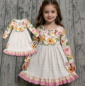 ชุดเดรสเด็กผู้หญิงลายดอกไม้ฤดูใบไม้ร่วงแบบเอไลน์แต่งระบาย  ขายส่งเสื้อผ้าเด็กสไตล์ลำลองสำหรับพี่น้อง - Product Image 2