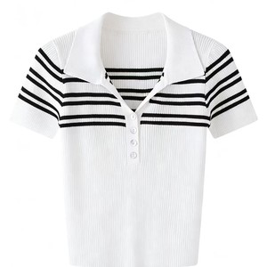 Polo en tricot rayé pour femme, manches courtes, noir et blanc, respirant, coupe ajustée, haut décontracté - Product Image 5