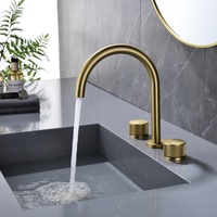 Robinet de lavabo de salle de bain à deux poignées, finition or brossé, à 3 trous, avec bec à arc haut et tube rond, bouton diamant, eau chaude et froide, fabricant