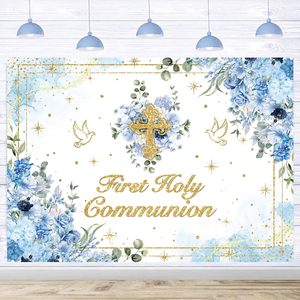 Sfondo fotografico per la Prima Comunione, decorazione floreale blu per ragazzi, striscione personalizzabile per feste per bambini - Product Image 1