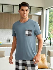 2024 Neues Pyjama-<span class=keywords><strong>Set</strong></span> für Männer Blue Plaid Kurzarm-<span class=keywords><strong>Set</strong></span> Komfortable Sommerschlaf-Kleidung Farbkontrast Home Wear - Product Image 3