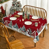 Nappe de Noël personnalisée rouge avec bonhomme de neige, thème hiver féerique, cabane de village, pour table de dîner, fournisseur pour fêtes de fin d'année