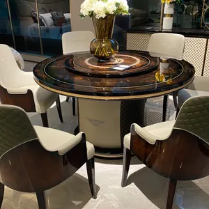 Light Luxury Round Marble Top Wooden Frame Antique Dining Table Set Luxury Dining Room Turkish Furniture Dining Table And Chairs