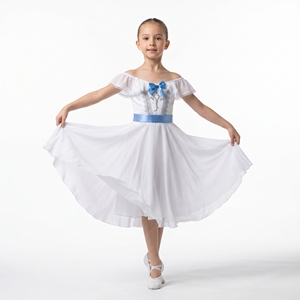 Robe de bal de remise de diplôme blanche et bleue avec nœud, romantique, style ballet, à volants, épaules dénudées, jupe en mousseline pour spectacle sur scène - Product Image 1