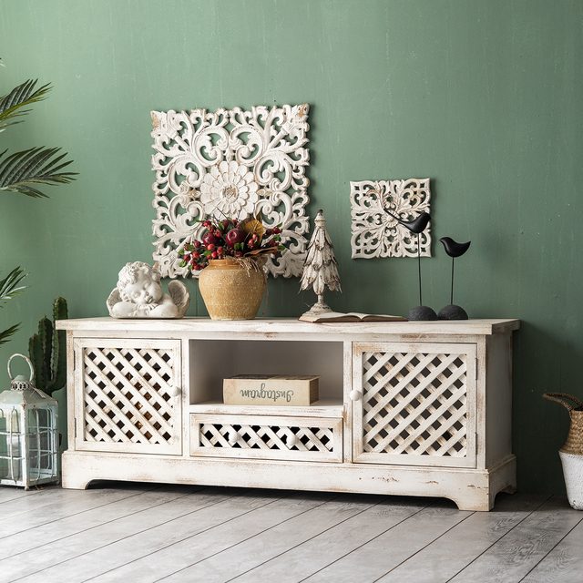Minhui Retro Rectangular TV Cabinet Design Home Decoration Living Room White TV Cabinet Solid Wood Cabinet