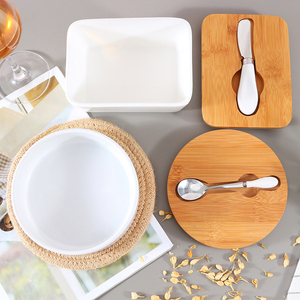 Tùy Chỉnh Lớn Vòng Hình Chữ Nhật Gốm Bơ Món Ăn Với Dao Và Nắp Gỗ Bơ <span class=keywords><strong>Container</strong></span> Hộp Bơ - Product Image 4