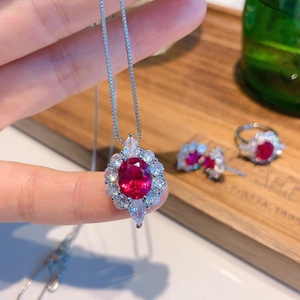 Fashion Eco-friendly Copper Minimalist Oval Cut 8*10/6*8mm Red Zircon Necklace and Ring <b>Set</b> for Sleek Everyday Style - Product Image 3
