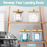 Lot de 2+1 Contenants Transparents pour Lessive en Capsules, Boîtes de Rangement pour Lessive en Poudre avec Couvercles en Bois et Étiquettes