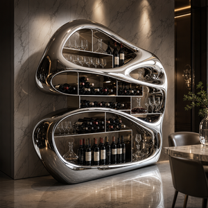 Moderno Estante para Vino de Acero Inoxidable, Mueble de Diseño Elegante con Espejo para Bar y Decoración del Hogar, Metálico Futurista - Product Image 6