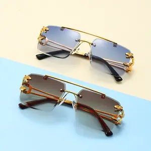 2024 Square Rimless Sun Glasses Double Beam Glasses Metal Branded Blue Sunglasses Women