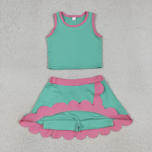 ชุดโยคะเด็กฤดูร้อนราคาโรงงานขายส่ง ชุดโยคะสีน้ำเงินแบบไม่มีแขน เสื้อ+กระโปรงสั้นสำหรับเด็กผู้หญิง - Product Image 3