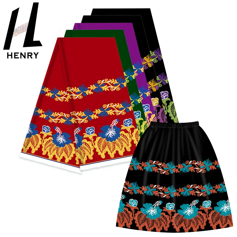 Henry Micronesian etek çiçek kumaş kumaşlar konfeksiyon için dijital baskılı kumaş Polyester bayan tüm siyah elbise hazır stok