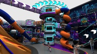 Aire de jeux intérieure Cyberpunk, conception multi-zones, taille personnalisable, toboggan géant en spirale, structure d'escalade pour parc à thème FEC, usage commercial