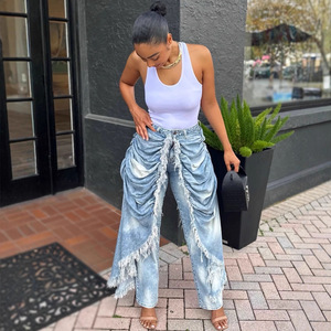 Tendance 2026 Nouveauté Jeans en denim décontracté pour femmes à taille haute, à bords effilochés et froncés, pour la rue et les soirées - Product Image 2