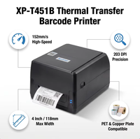 Xprinter XP-T451B Printer Label Barcode Transfer Termal 4 Inci 203dpi Presisi Tinggi 152mm/s USB Desktop Pembuat Label Industri