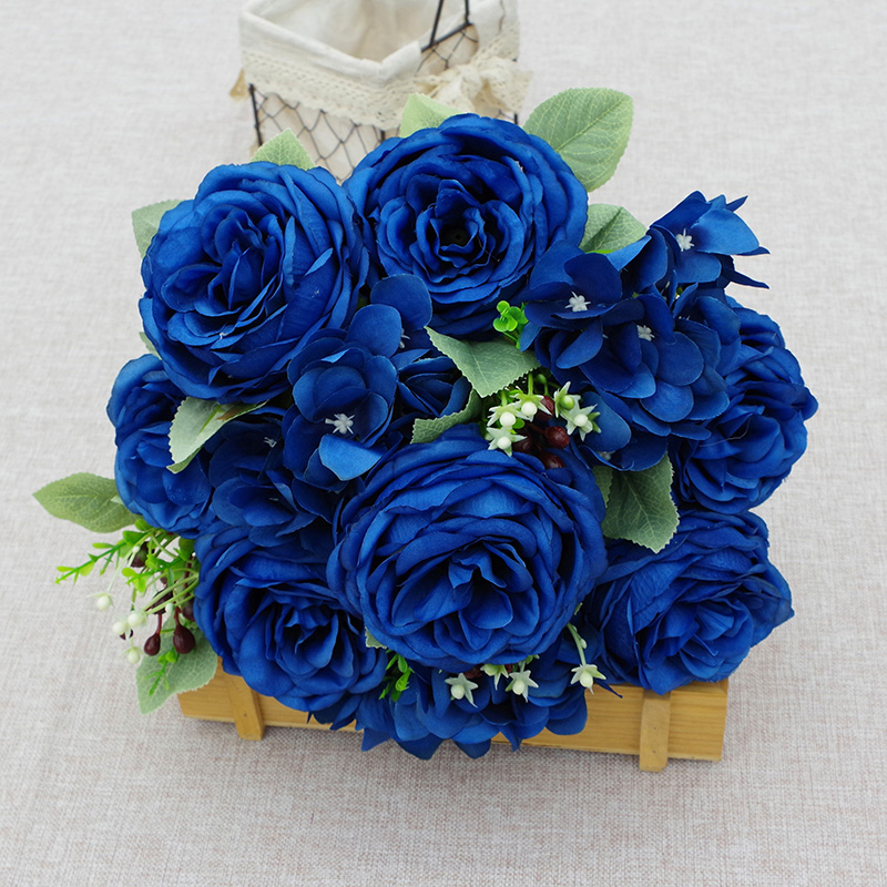 JAD-Hortensia azul real y rosas artificiales, ramo de rosas, Flores artificiales, decoración