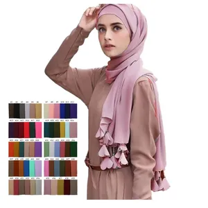 Syal Sifon Kustom dengan Rumbai Georgette Hijab untuk Wanita Muslim Syal Jilbab OEM Pemasok Jilbab