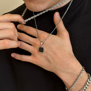 Collana con Ciondolo Quadrato in Pietra per Uomo, Onice, Pietra <span class=keywords><strong>di</strong></span> Luna, Turchese, Gioiello Personalizzato su Misura - Product Image 2