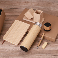 Ensemble cadeau éco-responsable en bambou avec logo personnalisé : haut-parleur, clé USB, bloc-notes, stylo