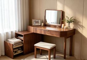 Solid Oak Makeup <b>Vanity</b> With Flip-Top <b>Mirror</b> And Storage Drawers For Bedroom Minimalist Design - Product Image 5