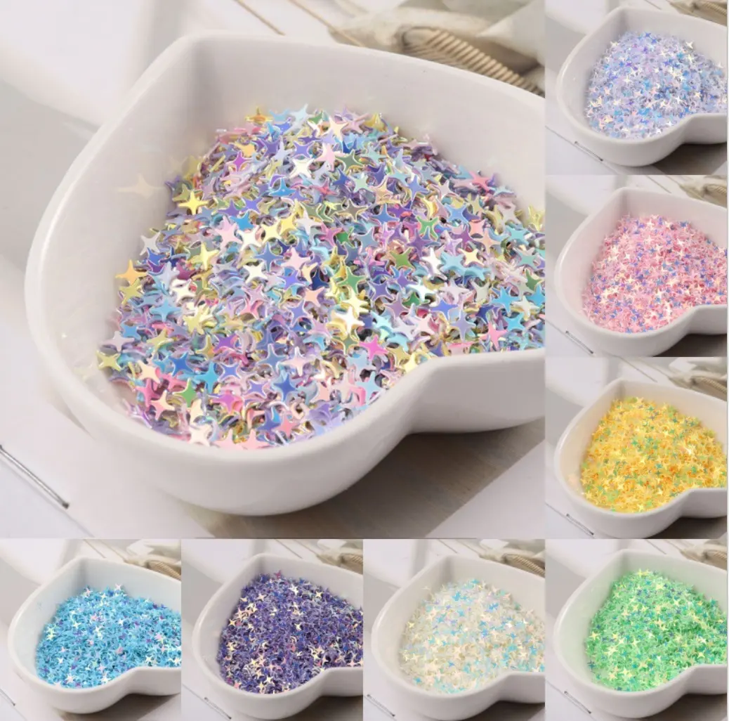 Grosir Pabrik Merah Muda 4 Mm Hadiah Kerajinan Payet Bintang 4 Poin Holografik PVC Chunky Glitter