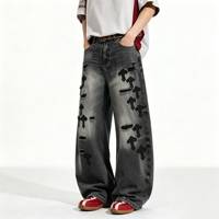 Pantalon en jean brodé style américain - Style sombre - Pantalon streetwear ample à jambes larges - Pantalon coupe courbée