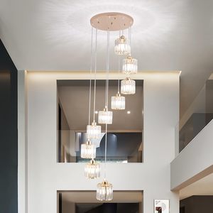 Lustre moderne en cristal doré à 9 lumières, design goutte de pluie, pour plafond haut, montage encastré, idéal pour escalier, hall d'entrée - Product Image 2