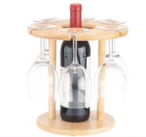 <b>Wood</b> Wine Rack With 6 Glass Holders <b>Circle</b> Shape Reusable Bottle Stand - Product Image 1