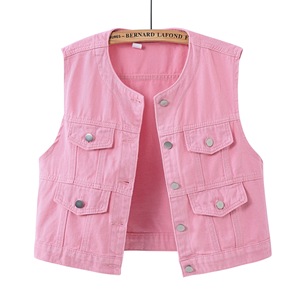 Wholesale Custom Women's Denim Vest Chic Round Neck <strong>Cropped</strong> Jean Vest Sleeveless Jacket Slim Fit Casual Denim Top - Product Image 6