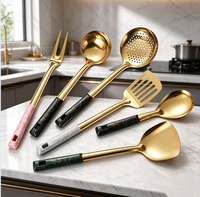 Kit d'ustensiles de cuisine plaqué or, manche en plastique marbré, acier 201, cuisine, restaurant, hôtel, traiteur, pâtisserie, passe au lave-vaisselle, 6 pièces