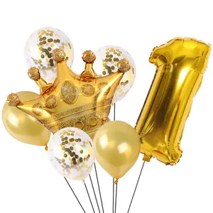 Hot Selling 7 pcs Gold Birthday Party Crown Number Confetti Balloons Set Kids Baby Shower Decoration
