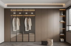 High-end Modern Modular Wood Grain Wardrobe Custom <b>Metal</b> Stainless Steel Wardrobe <b>Cabinet</b> With Mirror - Product Image 2