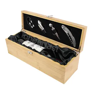 Cheerfast Piano Lacquer Wooden Wine Single Bottle Box And 4pcs Wine Accessories Set Bamboo Wood Wine Gift Box Set With Tools