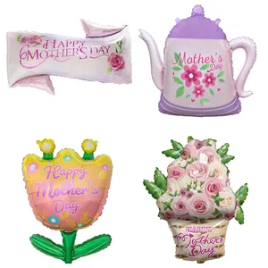 Newest OEM Design Mothers's Day Foil Balloons Flower Pot Banner Kettle Shape Happy Mothers Day Print Purple Balloons For Mama