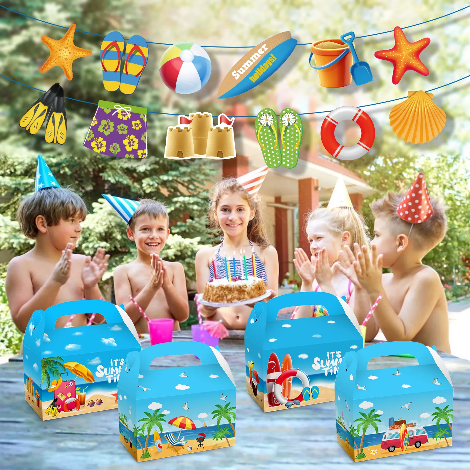 DD167 Summer Ocean Beach Candy Treat Boxes 12 PCS Paper Gift Box Cake Goodies Box for Kids Hawaiian Tropical Party Supplies
