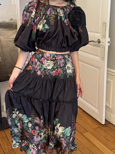 Women's French Sweet Waist-<b>Tie</b> 3D Floral Lantern Sleeve Top & A-Line Skirt 2-Piece <b>Set</b> - Product Image 2