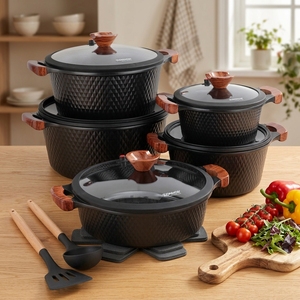 Set di Pentole in Alluminio Pressofuso di Lusso con Texture Diamantata Oro Rosa, 15 Pezzi, Rivestimento Antiaderente in Granito, Set da Cucina - Product Image 2