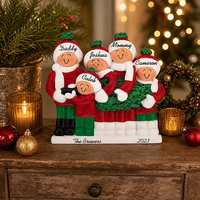 Ornement de Noël en résine, motif couronne familiale, style art populaire vert, avec parka, jupe et chapeau d'hiver, objet de collection, cadeau à suspendre à l'arbre