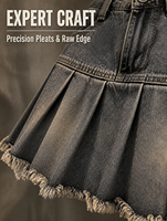Jupes mini en jean gris plissées taille haute vintage pour femmes - Style Y2K avec ourlet effiloché - Grandes tailles - Plissées bohèmes élégantes