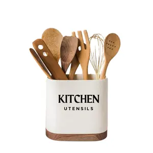 Portautensili da cucina in ceramica con supporto per utensili da cucina in legno