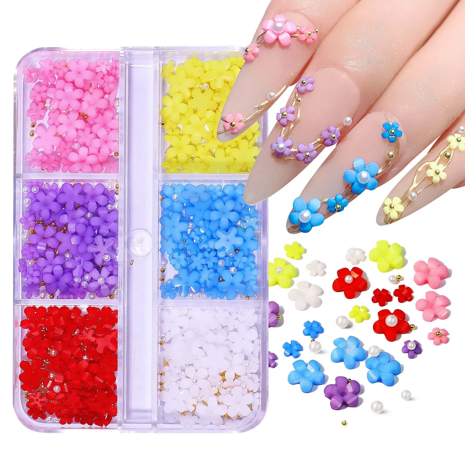 6 Grid Resin Light Change Heart Bow Nail Art Decoration Popular Camellia Butterfly Mixed Design Nail Accessories