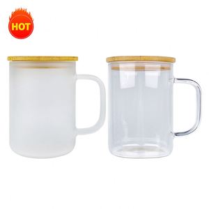Mug de camping en verre transparent vierge en borosilicate de haute qualité, 11oz 17oz, avec couvercle en bambou et paille, pour transfert par sublimation et revêtement thermique - Product Image 2