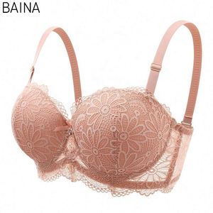Soutien-gorge en dentelle sans couture pour femme, push-up, anti-épaississement, grande taille, col en V, uni, avec armatures, vente en gros - Product Image 4