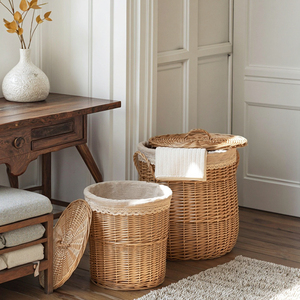 Custom <strong>Wicker</strong> Covered Modern Circle <strong>Laundry</strong> <strong>Basket</strong> Handmade Double Handle Storage Bin Guesthouse Bathroom Clothes Organizer - Product Image 6