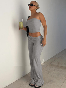 Completo Moda Primavera 2025 <span class=keywords><strong>King</strong></span> Mcgreen Star, Top a Fascia Tinta Unita con Pantaloni a Zampa, Vestibilità Slim per Donna - Product Image 4