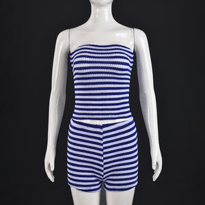 Viviblook Z310ST Conjunto de dos piezas para mujer, sexy, a rayas, sin mangas, sin tirantes, top corto, pantalones cortos, informal - Product Image 2