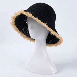 New Trendy Frayed Brim Design <b>Fold</b> Easy Packable Summer Women Lady Beach Dress Straw <b>Bucket</b> Hat Shade Crochet Paper - Product Image 3