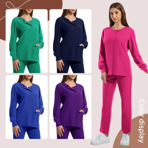 HZMNOI Women's <b>Scrub</b> Suit Two Piece Set Long Sleeve Round Neck Knitted Moisture Wicking Hospital Uniforms - Product Image 2
