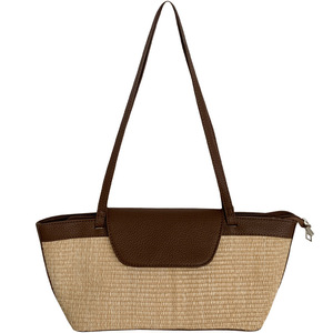 Sac fourre-tout en paille tressée style français marron été 2025 pour femme, sac à bandoulière décontracté pour usage quotidien avec poche zippée - Product Image 5